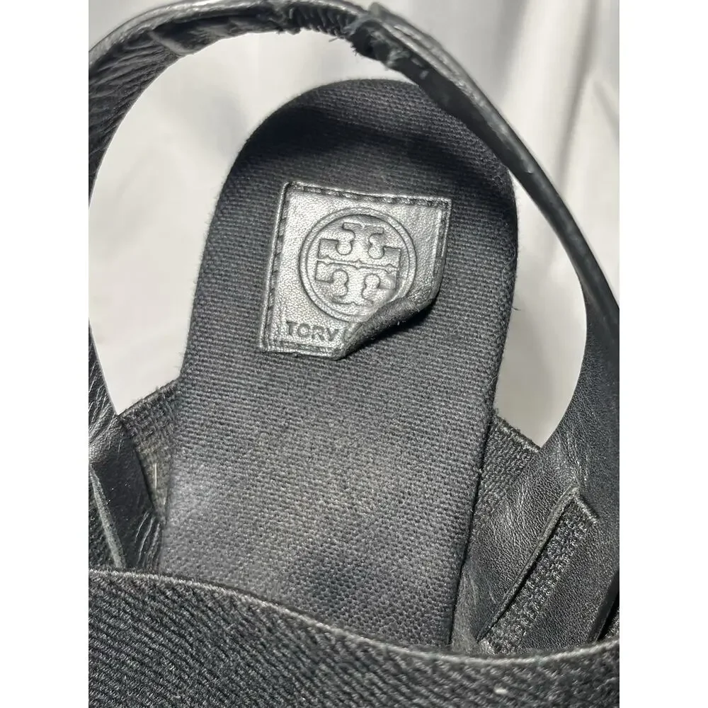 TORY BURCH Sandals 8.5 Wedge Espadrille Black Two Band Platform 4.5